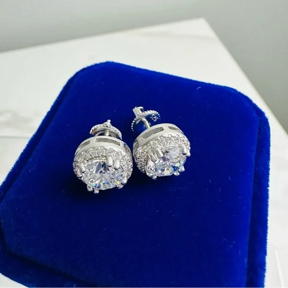 925 Sterling Silver Screwback Halo Diamond CZ Stud Earrings - Picture 4 of 8